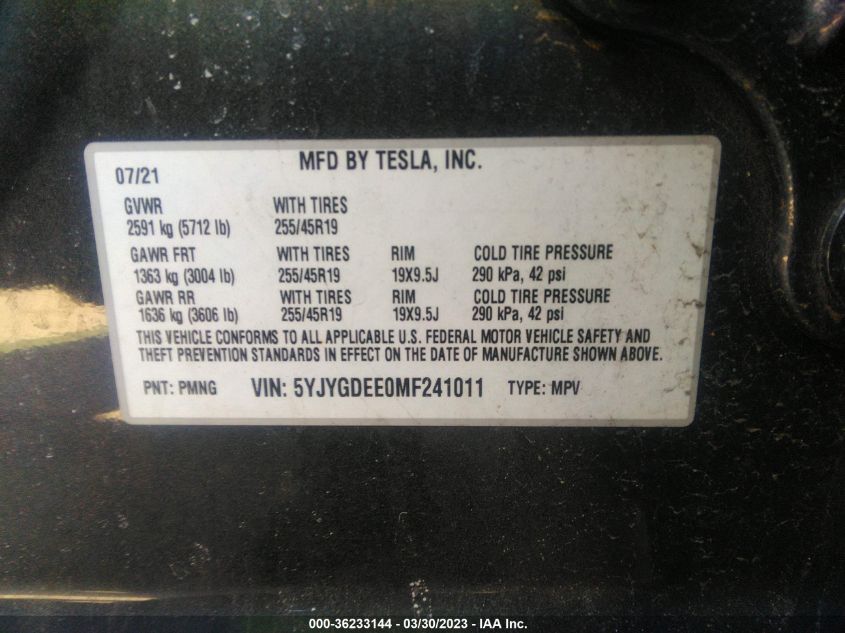 2021 TESLA MODEL Y LONG RANGE - 5YJYGDEE0MF241011