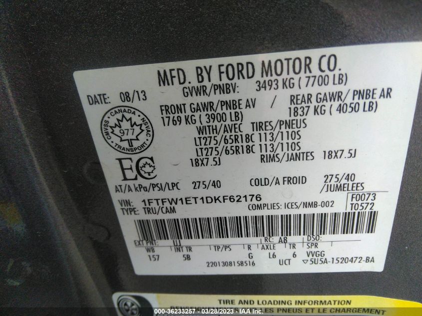 2013 FORD F-150 XL/XLT/FX4/LARIAT - 1FTFW1ET1DKF62176