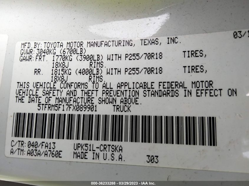 2015 TOYOTA TUNDRA 2WD TRUCK SR/SR5 - 5TFRM5F17FX089901
