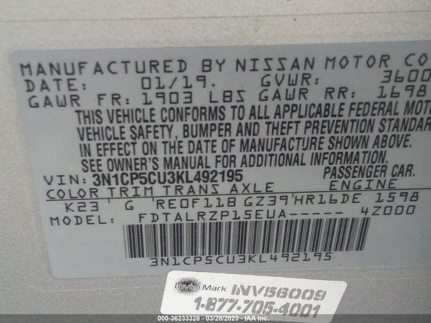 2019 NISSAN KICKS S - 3N1CP5CU3KL492195