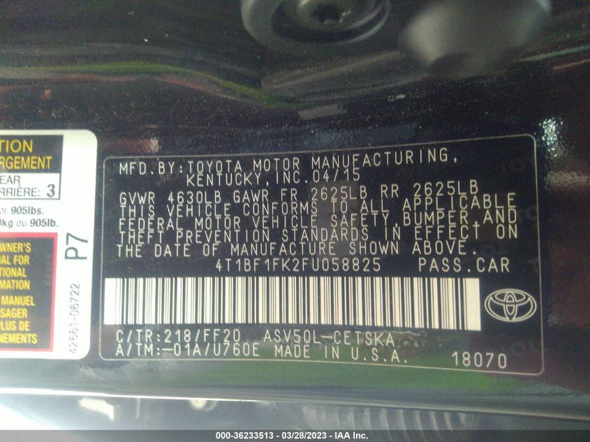 2015 TOYOTA CAMRY XLE/SE/LE/XSE - 4T1BF1FK2FU058825
