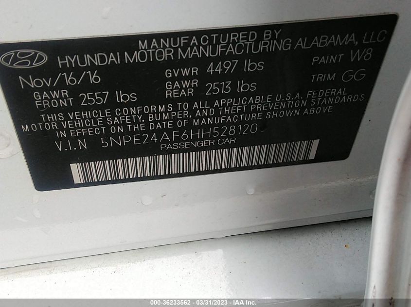 2017 HYUNDAI SONATA SE - 5NPE24AF6HH528120