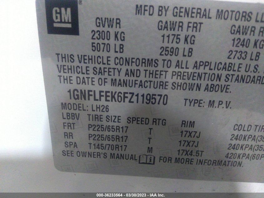 2015 CHEVROLET EQUINOX LT - 1GNFLFEK6FZ119570