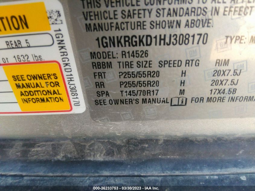 2017 CHEVROLET TRAVERSE LT - 1GNKRGKD1HJ308170