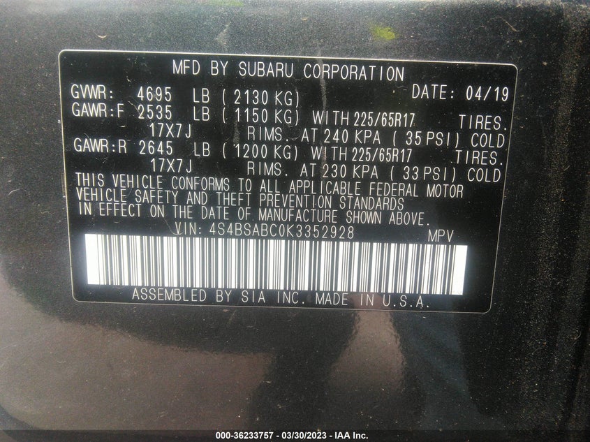 VIN 4S4BSABC0K3352928 2019 SUBARU OUTBACK