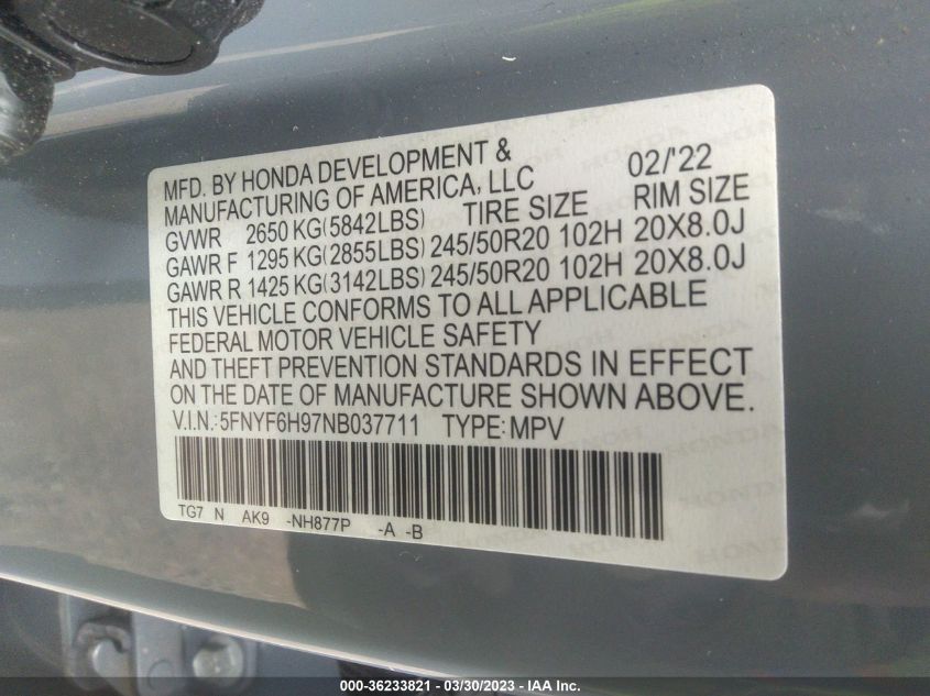 2022 HONDA PILOT TOURING 8-PASSENGER - 5FNYF6H97NB037711