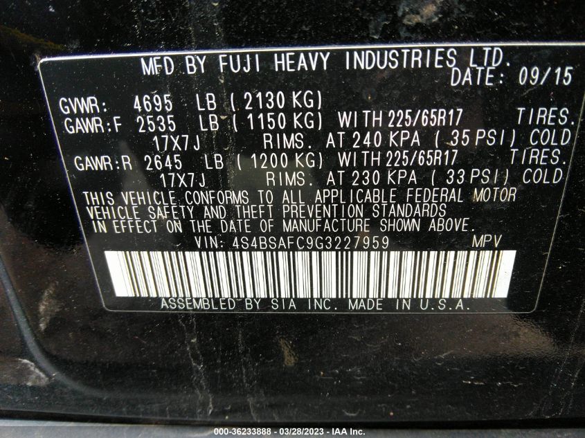 2016 SUBARU OUTBACK 2.5I PREMIUM - 4S4BSAFC9G3227959