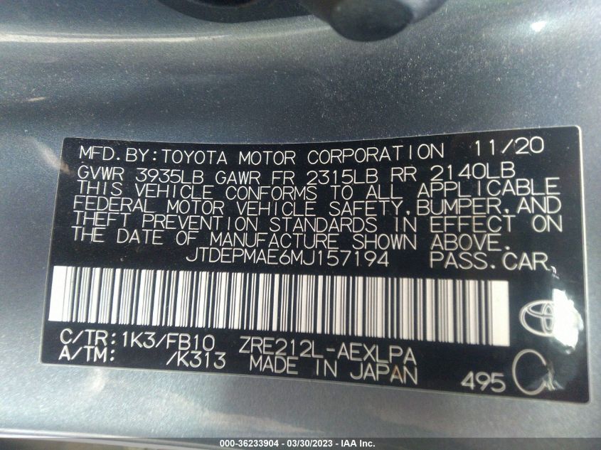 2021 TOYOTA COROLLA LE - JTDEPMAE6MJ157194