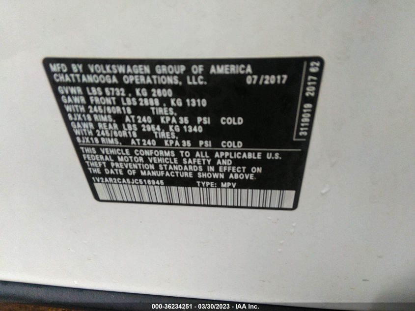 2018 VOLKSWAGEN ATLAS 3.6L V6 S - 1V2AR2CA5JC516945