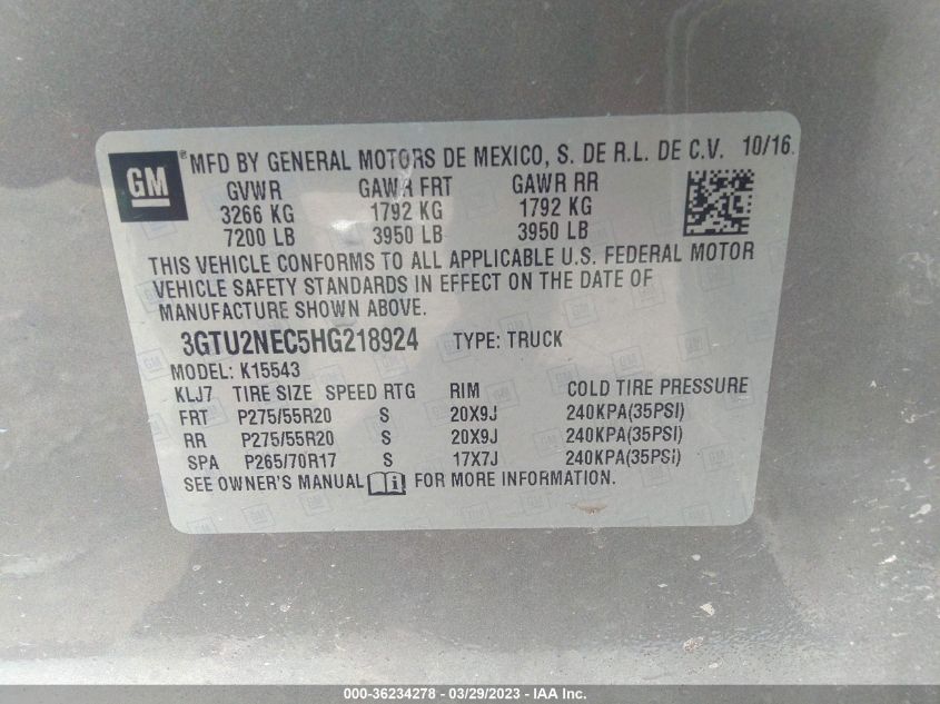 2017 GMC SIERRA 1500 SLT - 3GTU2NEC5HG218924