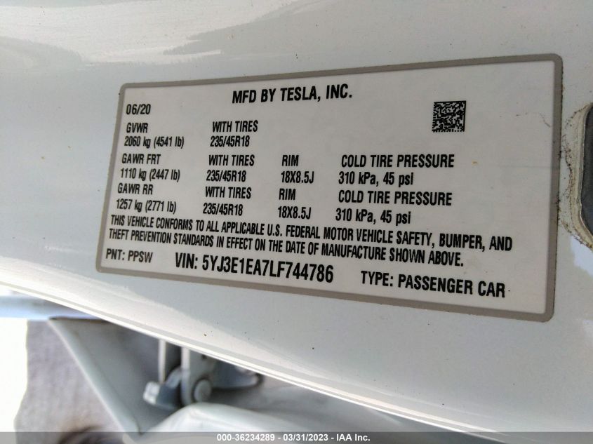 2020 TESLA MODEL 3 STANDARD RANGE - 5YJ3E1EA7LF744786