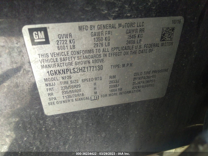 VIN 1GKKNPLS2HZ177130 2017 GMC ACADIA DENALI