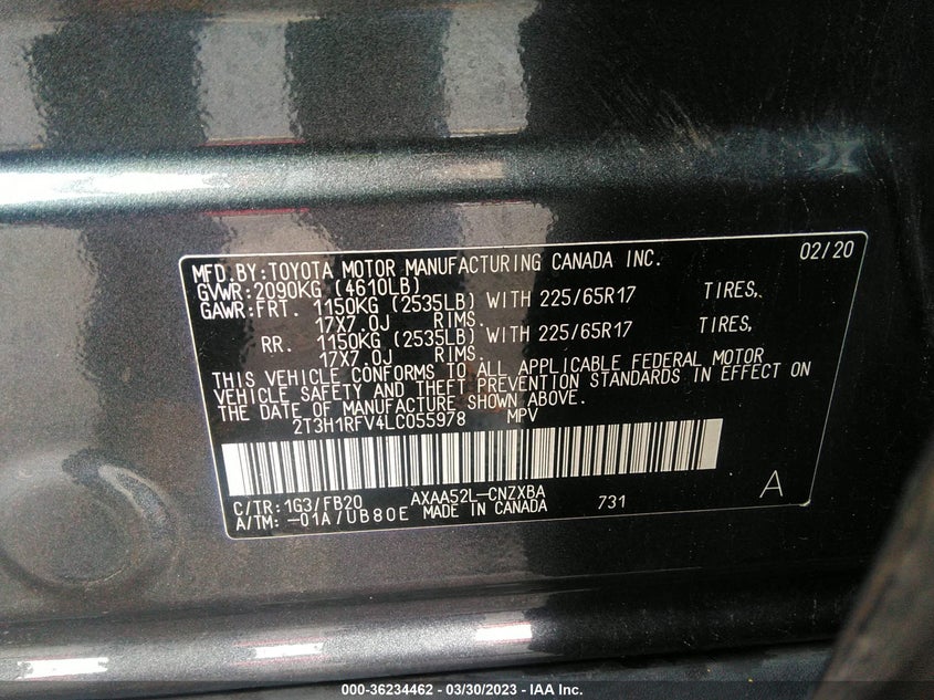 VIN 2T3H1RFV4LC055978 2020 TOYOTA RAV4 LE