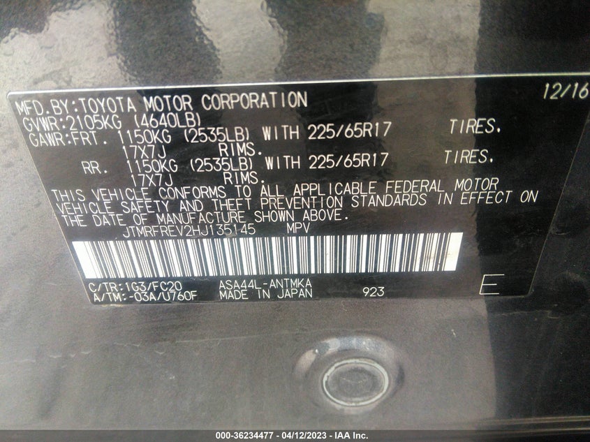 VIN JTMRFREV2HJ135145 2017 TOYOTA RAV4 XLE