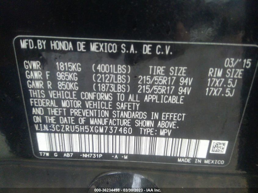 2016 HONDA HR-V EX - 3CZRU5H5XGM737460