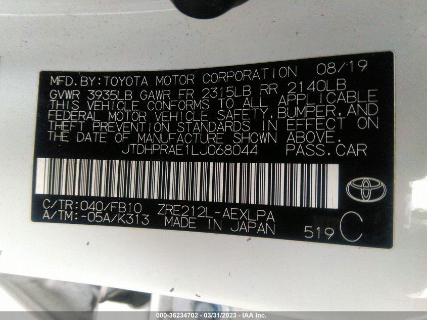 2020 TOYOTA COROLLA LE - JTDHPRAE1LJ068044