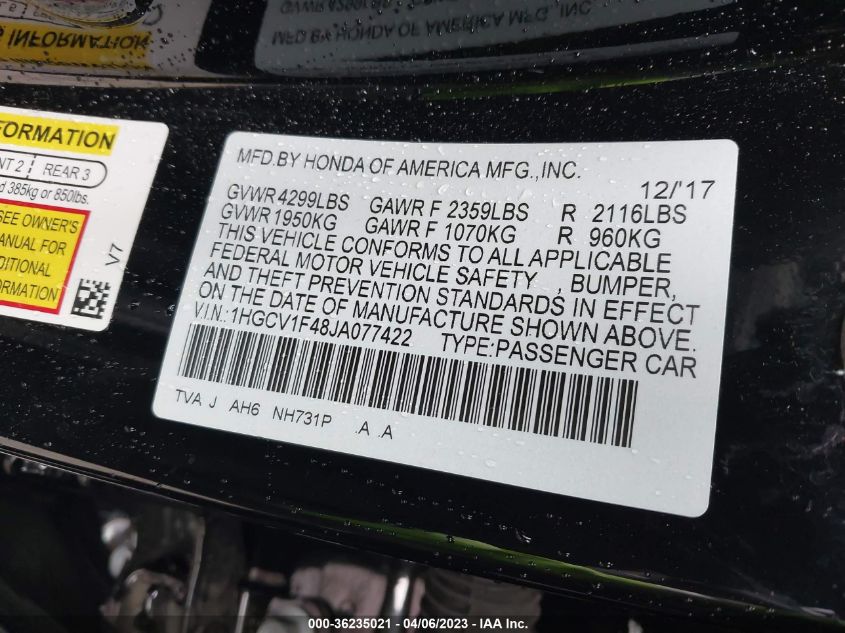 2018 HONDA ACCORD SEDAN EX 1.5T - 1HGCV1F48JA077422