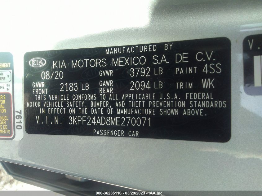 2021 KIA FORTE LXS - 3KPF24AD8ME270071