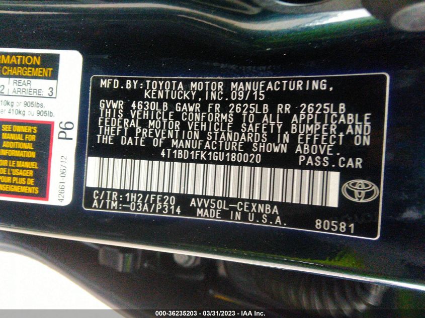 2016 TOYOTA CAMRY HYBRID LE/XLE/SE - 4T1BD1FK1GU180020