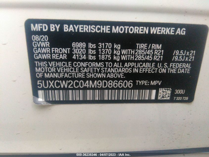 2021 BMW X7 XDRIVE40I - 5UXCW2C04M9D86606