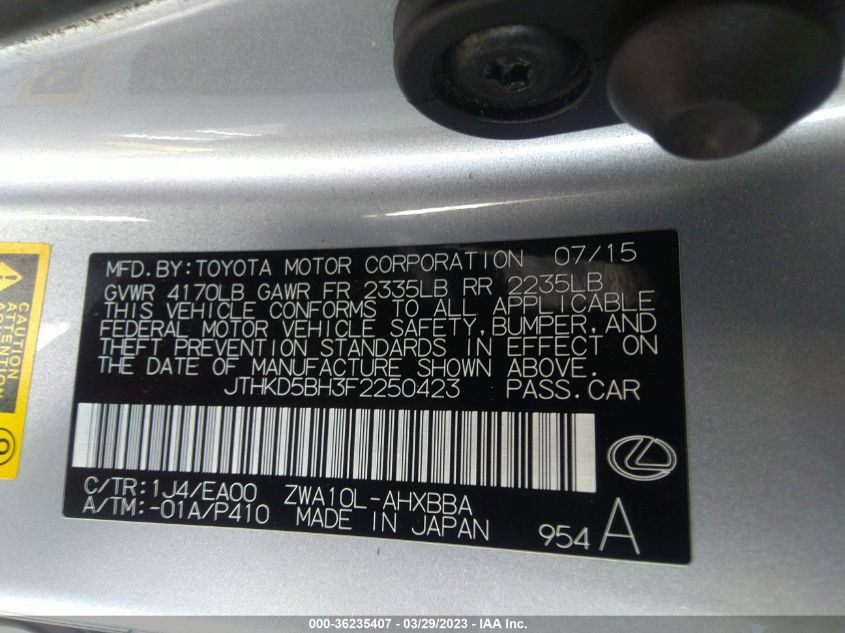 2015 LEXUS CT 200H HYBRID - JTHKD5BH3F2250423