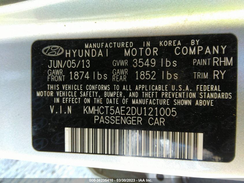 2013 HYUNDAI ACCENT GS - KMHCT5AE2DU121005