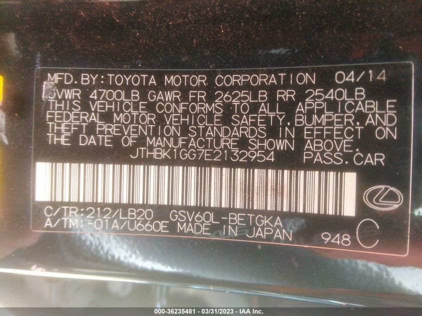 2014 LEXUS ES 350 - JTHBK1GG7E2132954