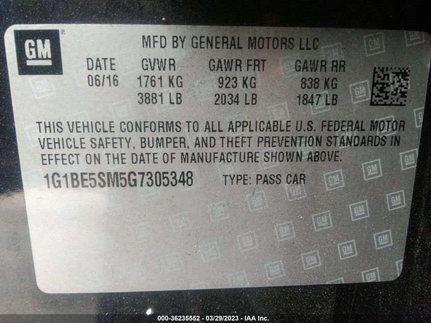 2016 CHEVROLET CRUZE LT - 1G1BE5SM5G7305348