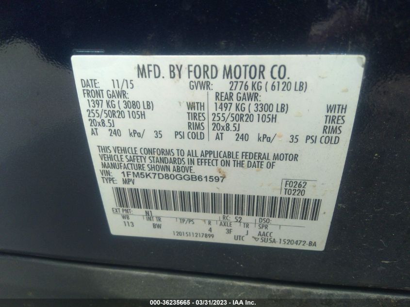 2016 FORD EXPLORER XLT - 1FM5K7D80GGB61597