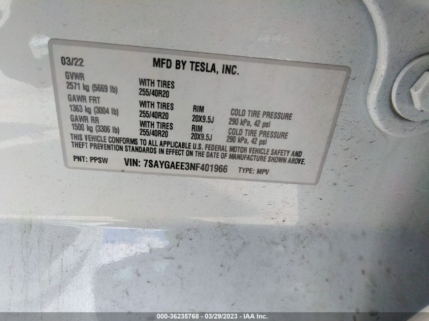 2022 TESLA MODEL Y LONG RANGE - 7SAYGAEE3NF401966