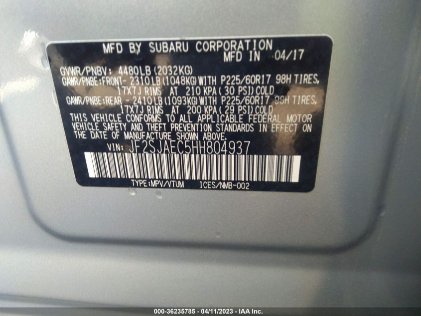 2017 SUBARU FORESTER PREMIUM - JF2SJAEC5HH804937