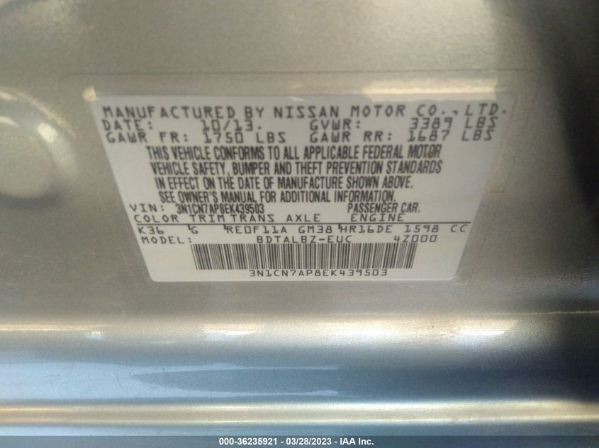 2014 NISSAN VERSA SV - 3N1CN7AP8EK439503