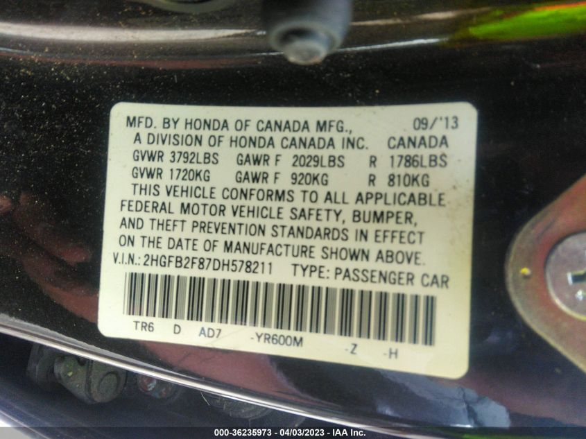 2013 HONDA CIVIC SDN EX - 2HGFB2F87DH578211