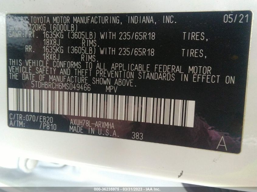 2021 TOYOTA HIGHLANDER HYBRID XLE - 5TDHBRCH6MS049466