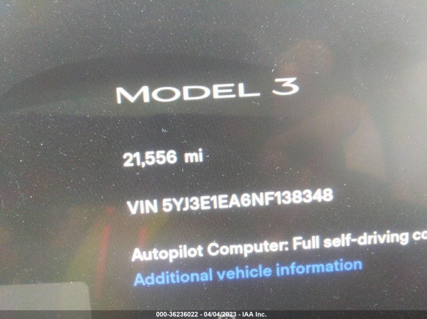 2022 TESLA MODEL 3 - 5YJ3E1EA6NF138348