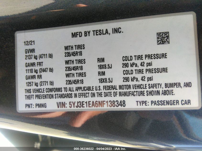 2022 TESLA MODEL 3 - 5YJ3E1EA6NF138348