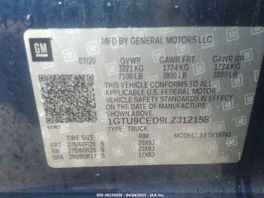 2020 GMC SIERRA 1500 ELEVATION - 1GTU9CED9LZ312158
