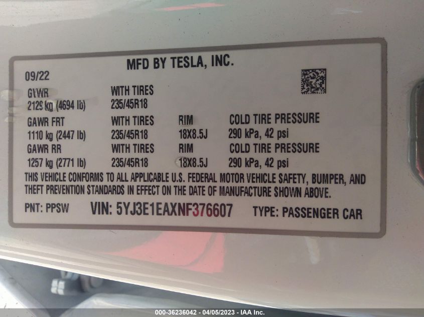 2022 TESLA MODEL 3 - 5YJ3E1EAXNF376607