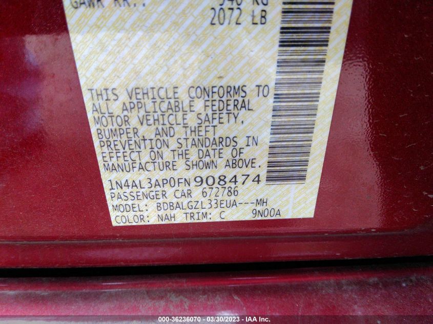 2015 NISSAN ALTIMA 2.5 S - 1N4AL3AP0FN908474