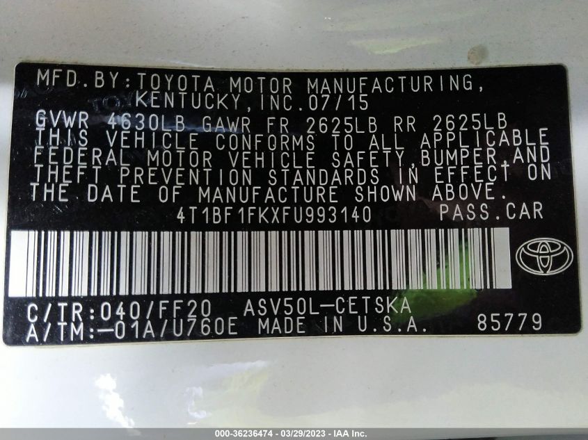 2015 TOYOTA CAMRY XLE/SE/LE/XSE - 4T1BF1FKXFU993140