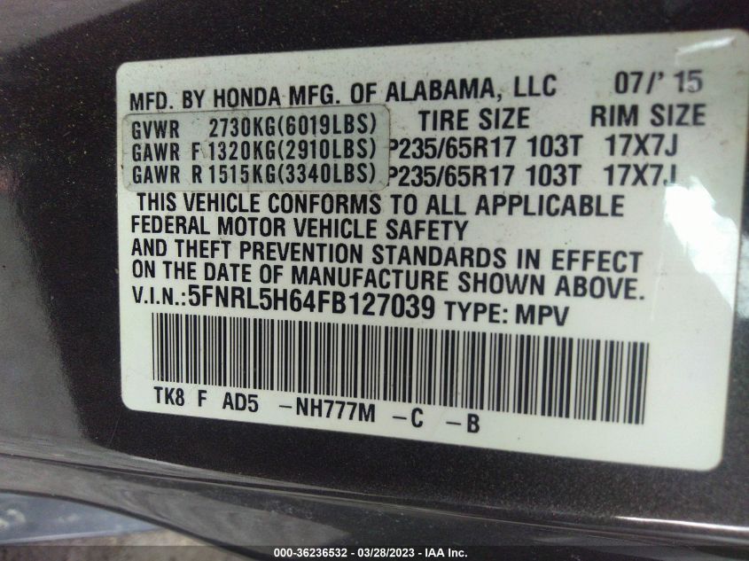 2015 HONDA ODYSSEY EX-L - 5FNRL5H64FB127039