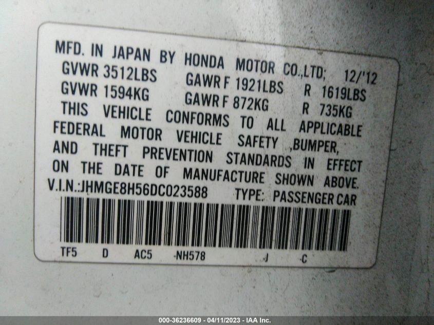 2013 HONDA FIT SPORT - JHMGE8H56DC023588