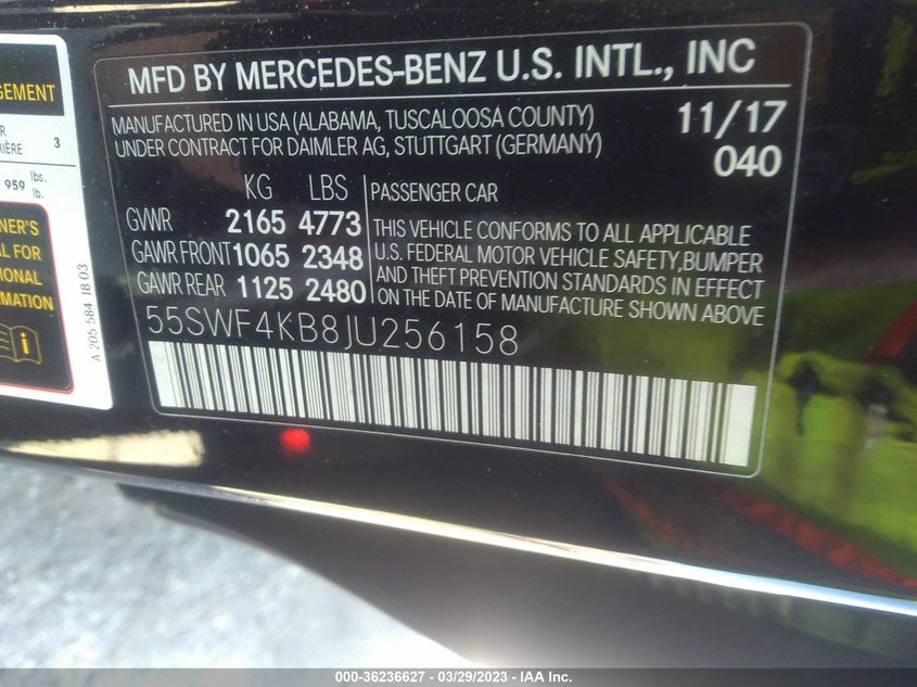 VIN 55SWF4KB8JU256158 2018 MERCEDES-BENZ C-CLASS C 300