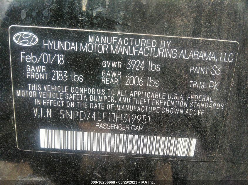 2018 HYUNDAI ELANTRA SE - 5NPD74LF1JH319951