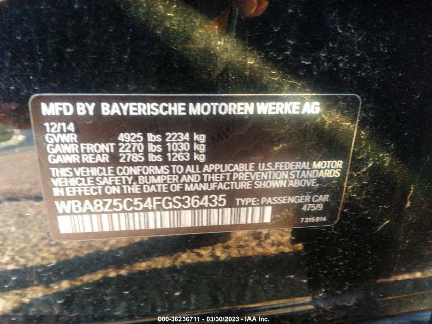 2015 BMW 3 SERIES GRAN TURISMO 328I XDRIVE WBA8Z5C54FGS36435