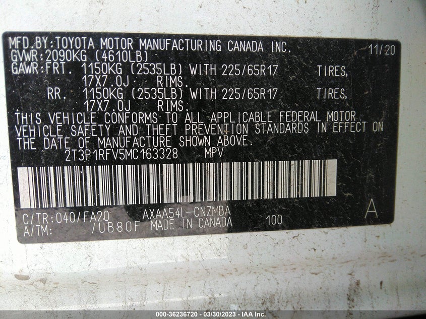 VIN 2T3P1RFV5MC163328 2021 TOYOTA RAV4 XLE