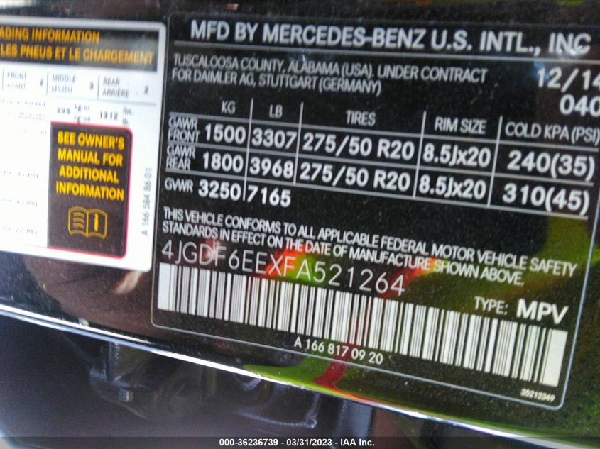 2015 MERCEDES-BENZ GL-CLASS GL 450 4JGDF6EEXFA521264