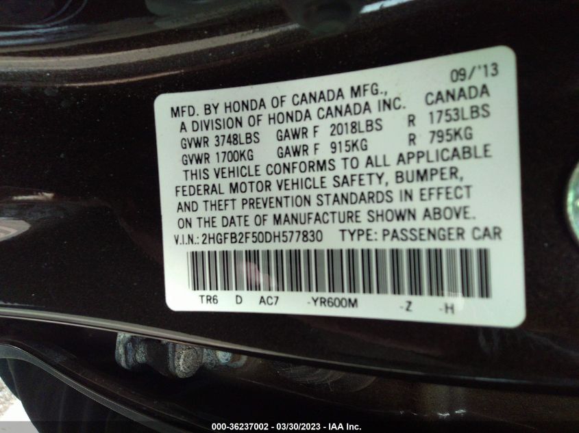 2013 HONDA CIVIC SDN LX - 2HGFB2F50DH577830