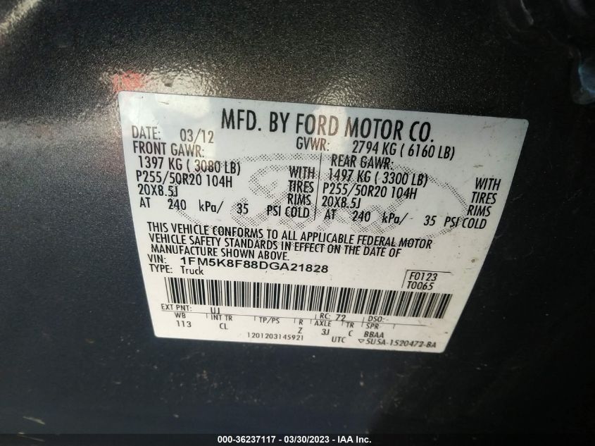 2013 FORD EXPLORER LIMITED - 1FM5K8F88DGA21828