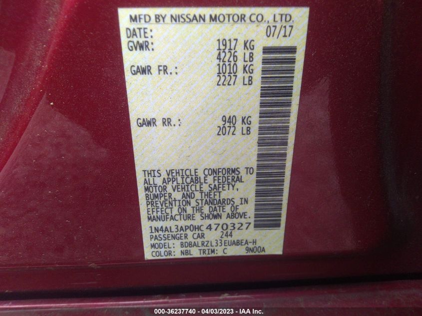 2017 NISSAN ALTIMA 2.5 SL - 1N4AL3AP0HC470327